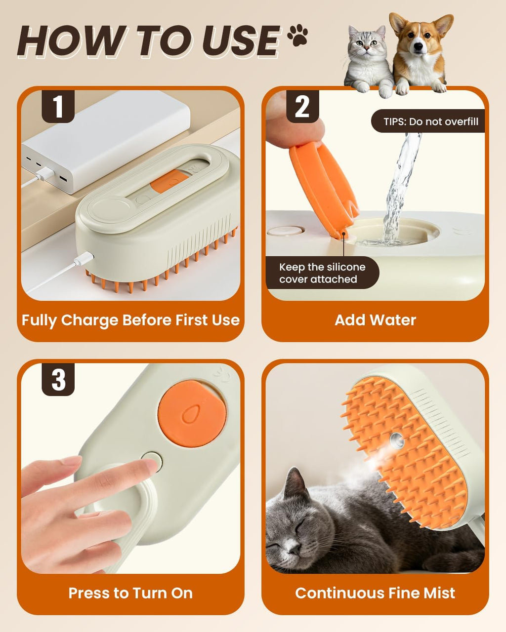 Close up of soft silicone bristles on ACITMLLC pet steam brush