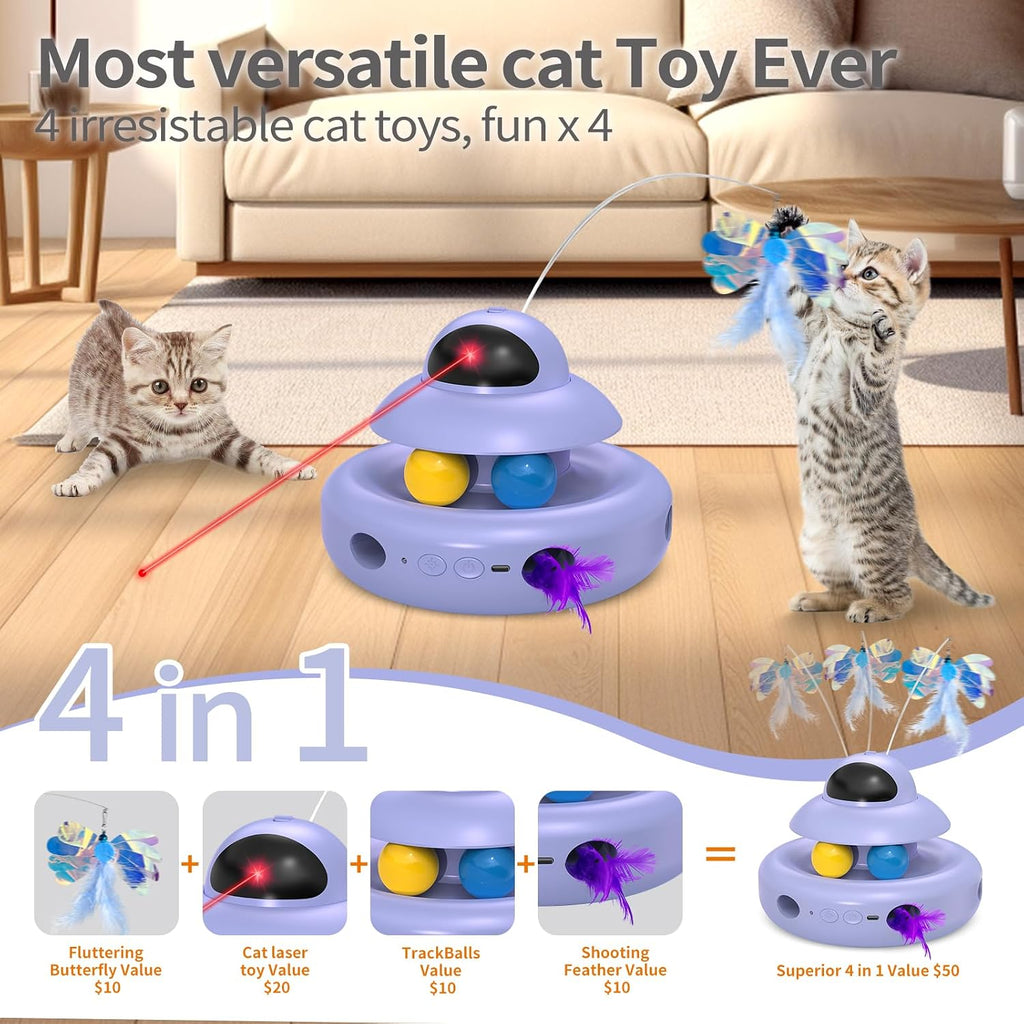 Rechargeable purple cat toy with random ambush feather whack-a-mole feature