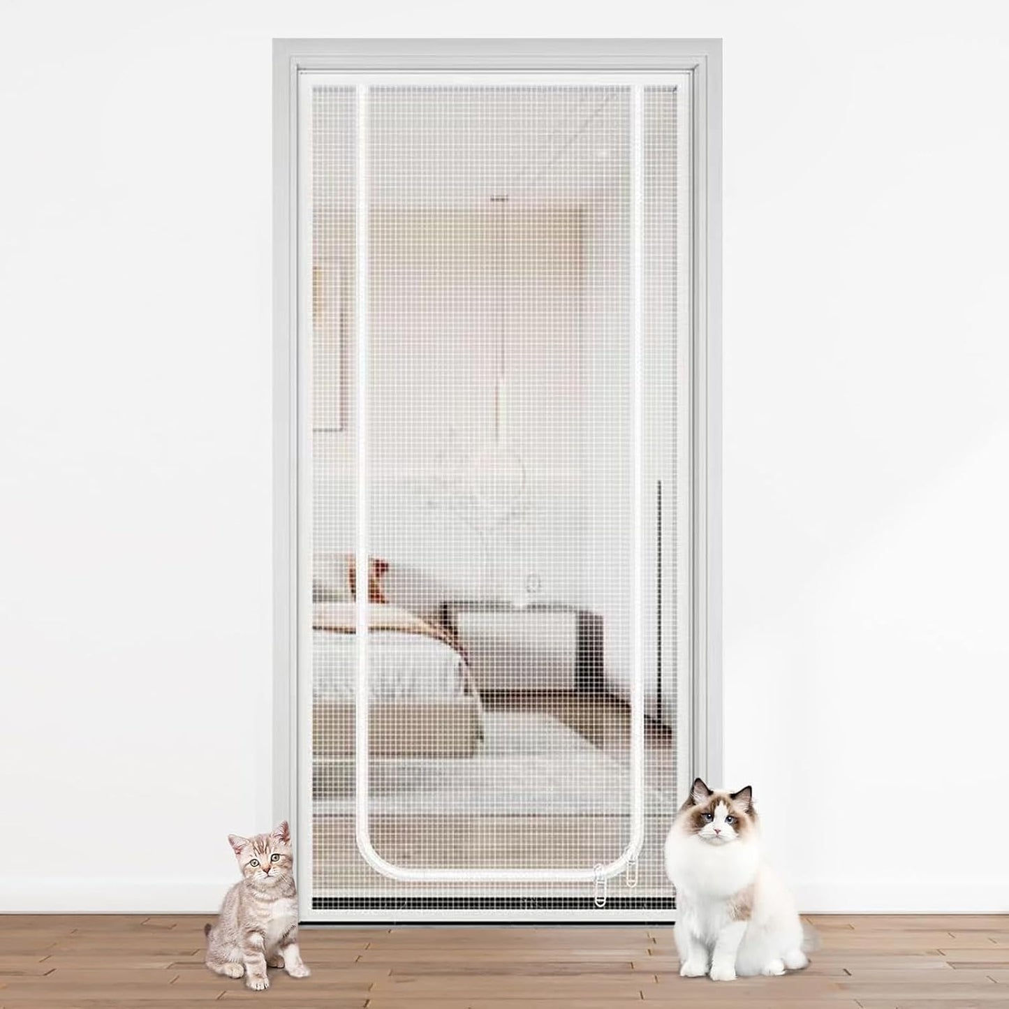 Cat screen door with reinforced zipper closure