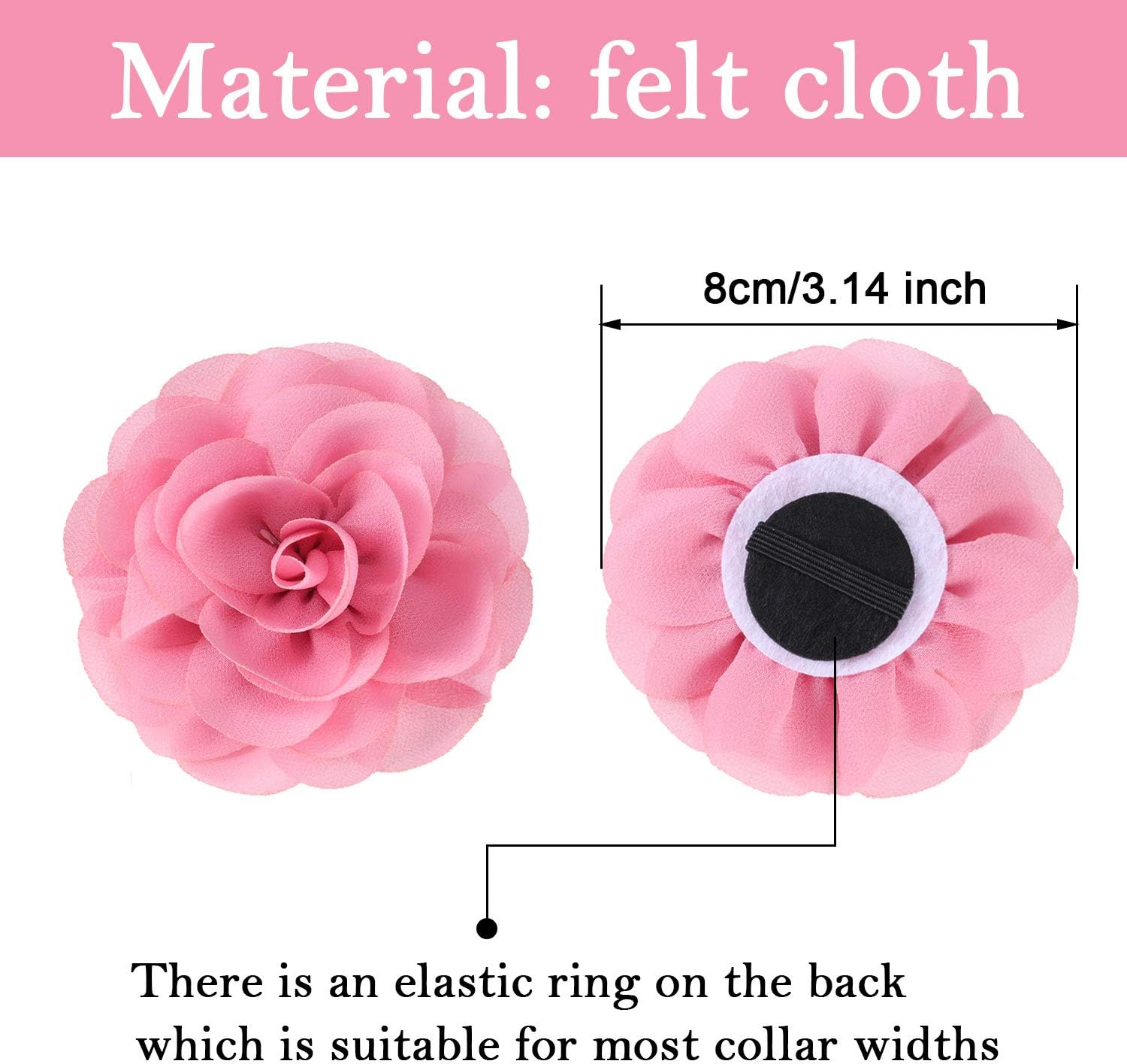 Close up view of the elastic band attachment on the back of the chiffon pet flower.