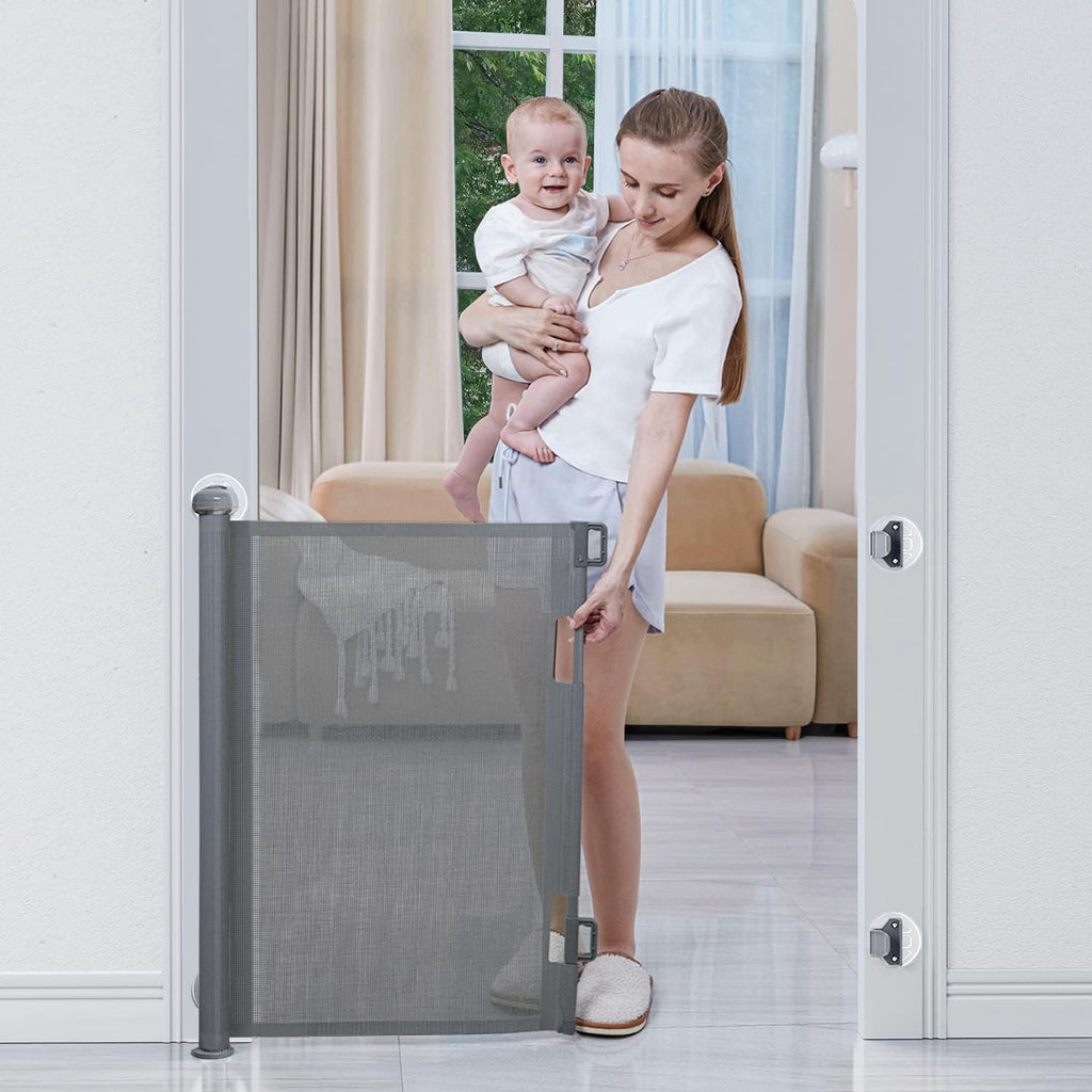 BabyBond retractable baby gate front view showcasing sleek grey mesh barrier