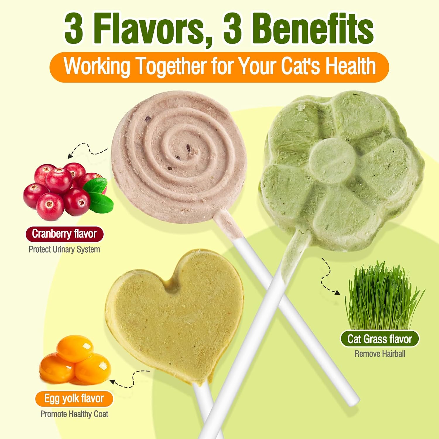 Three distinct flavors of high protein cat grass cranberry and egg yolk lollipop treats arranged neatly.