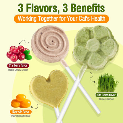 Three distinct flavors of high protein cat grass cranberry and egg yolk lollipop treats arranged neatly.