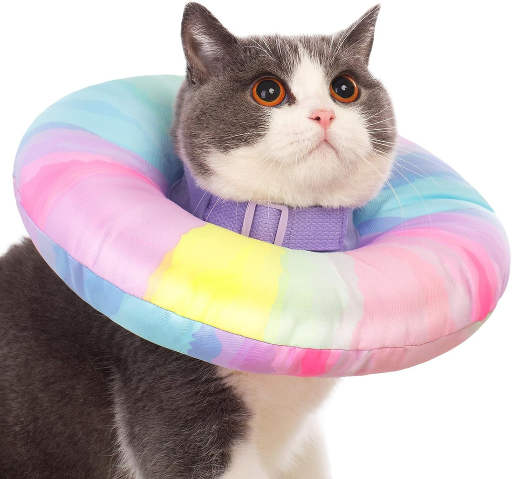 Cat wearing a soft hamburger collar while sleeping comfortably