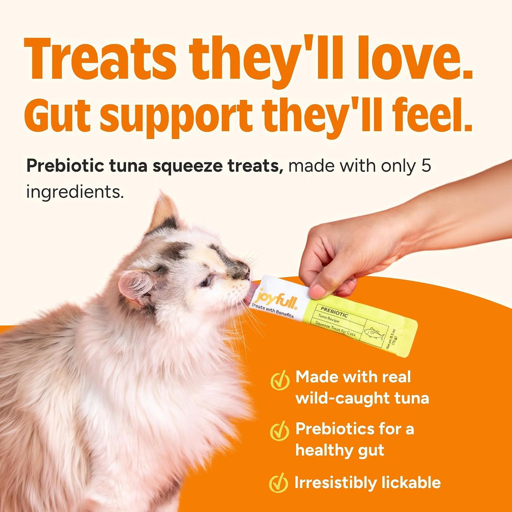 Joyfull tuna squeeze treats packaging showing veterinarian formulated label