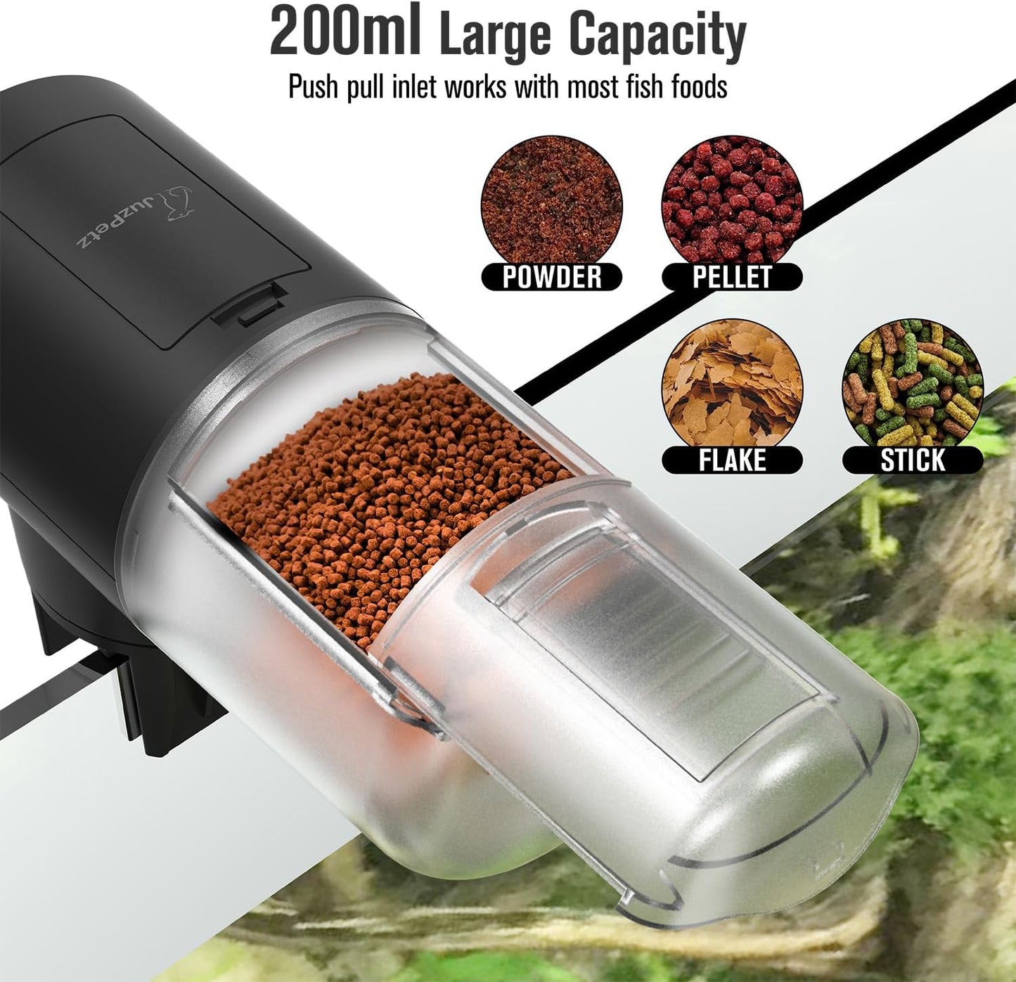 Top loading lid open on the JuzPetz feeder demonstrating easy food refills