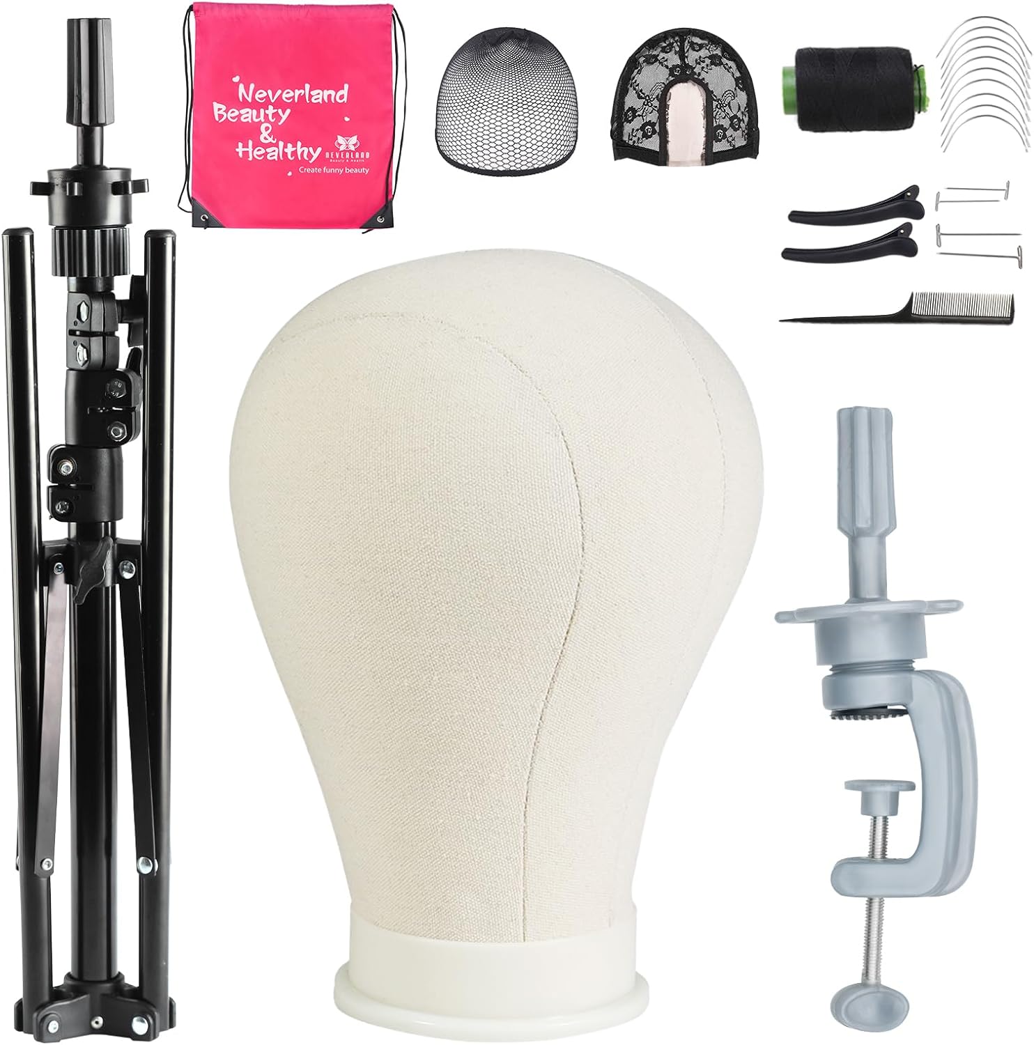 Neverland Beauty Health canvas wig head tripod stand set front view for professional cosmetology styling.