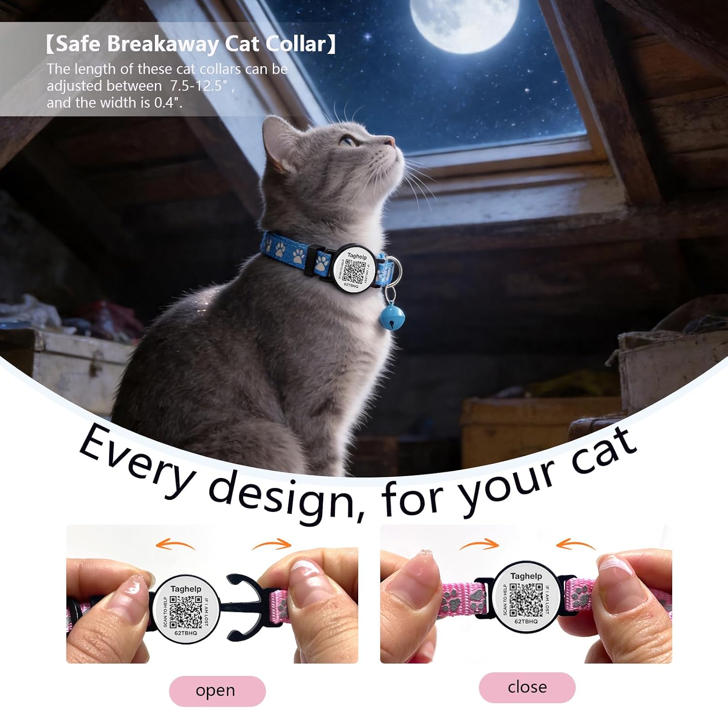 Two pack of reflective blue cat collars with intelligent tracking tag.