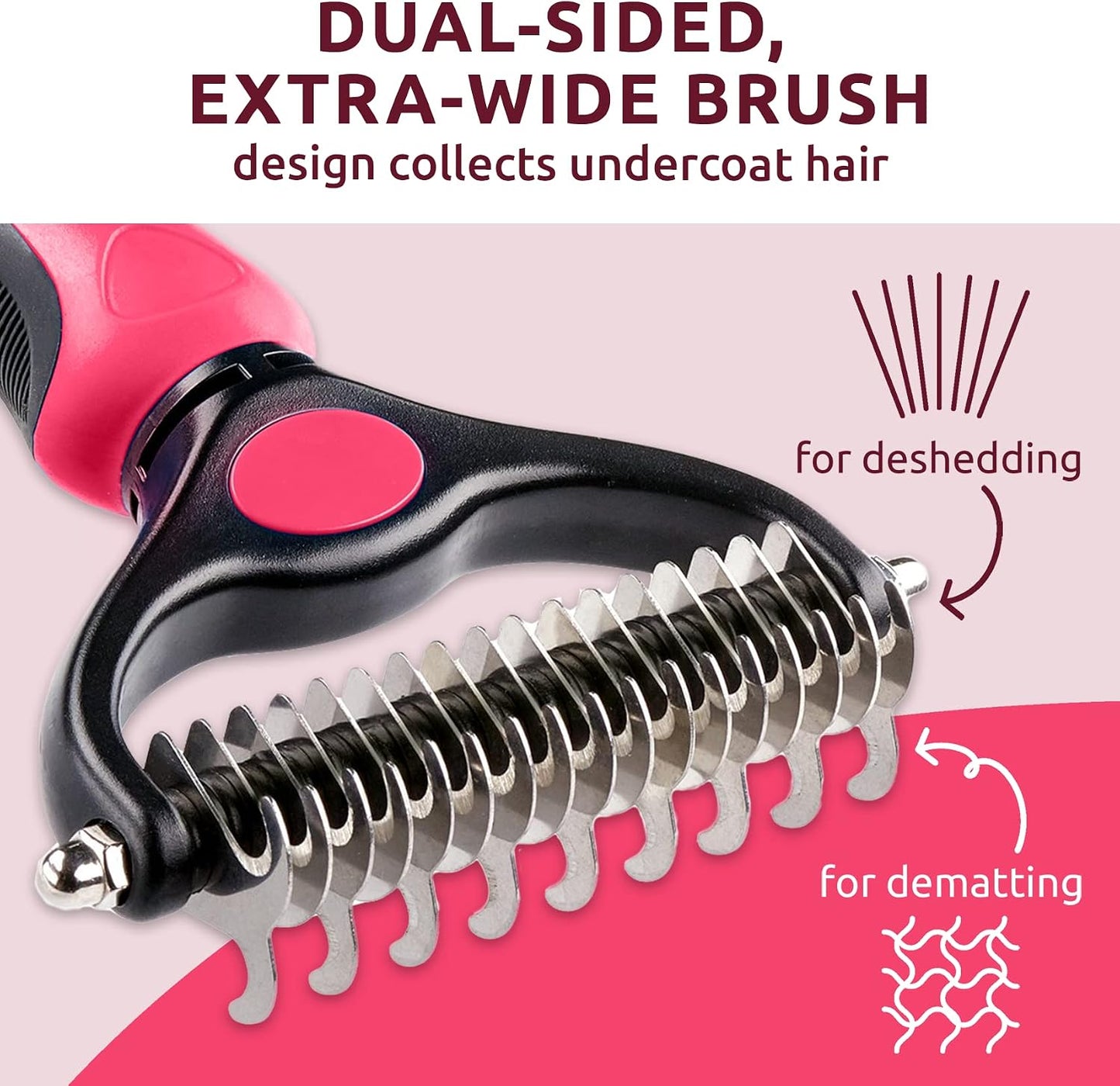 Pat Your Pet Deshedding Brush - Double-Sided Undercoat Rake for Dogs & Cats - Shedding Comb and Dematting Tool for Grooming, Extra Wide (Pink) - Image 3