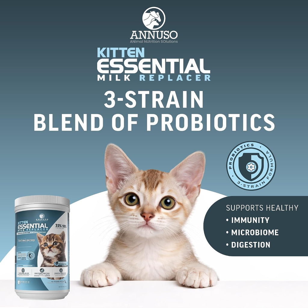 USA imported newborn kitten milk replacer showing ingredients and probiotic blend details.