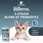 USA imported newborn kitten milk replacer showing ingredients and probiotic blend details.
