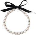 Daovace ribbon pearl dog collar front view with rhinestone accents