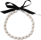 Daovace ribbon pearl dog collar front view with rhinestone accents