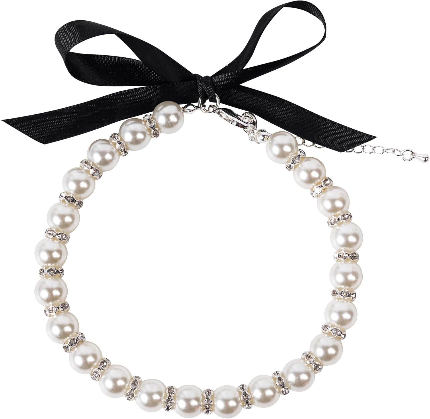 Daovace ribbon pearl dog collar front view with rhinestone accents