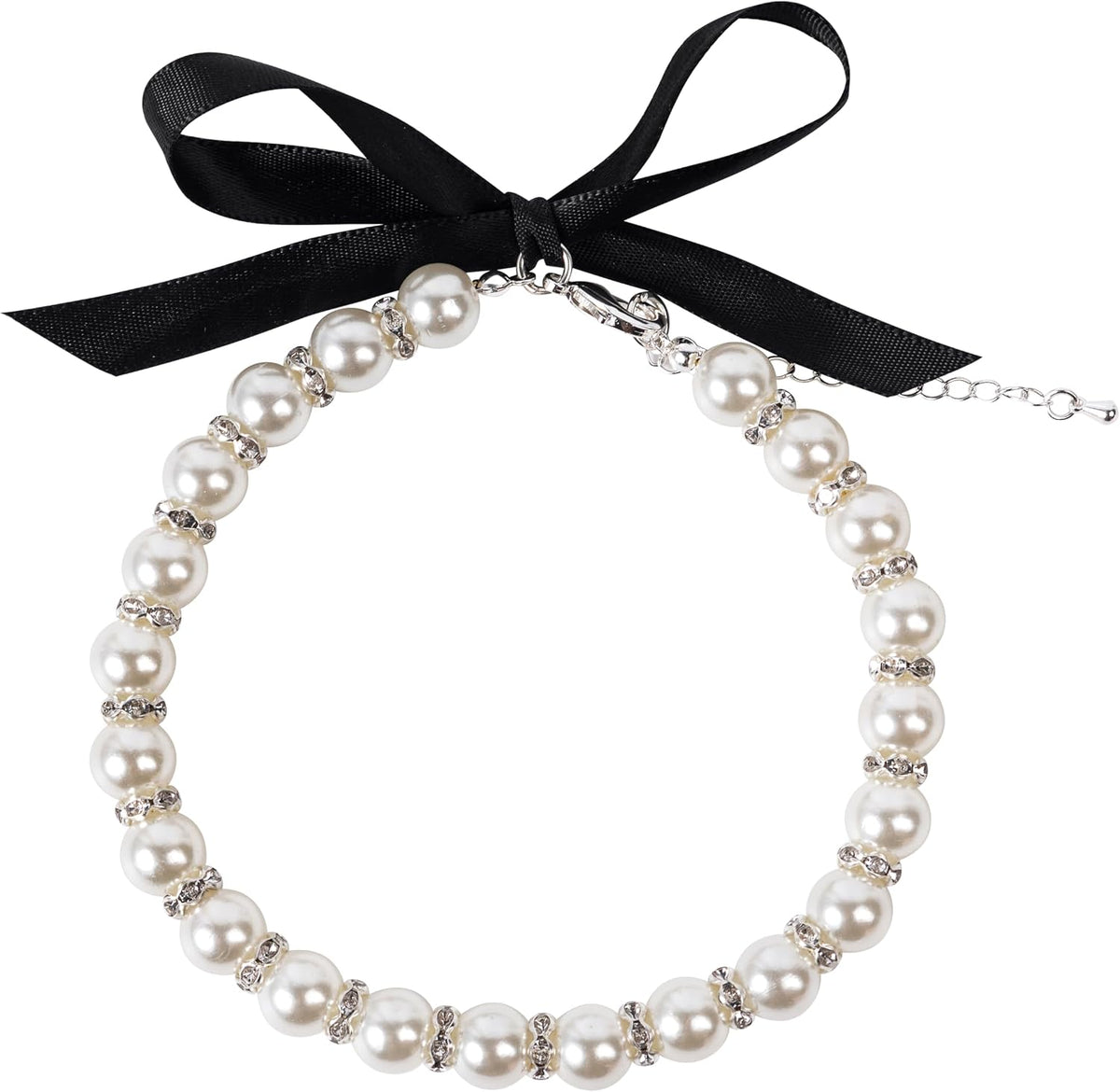 Daovace ribbon pearl dog collar front view with rhinestone accents