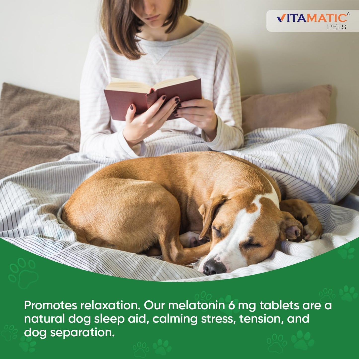 Vitamatic melatonin 6 mg tablets showing the recommended feeding guidelines for small and large dogs.
