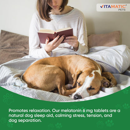 Vitamatic melatonin 6 mg tablets showing the recommended feeding guidelines for small and large dogs.