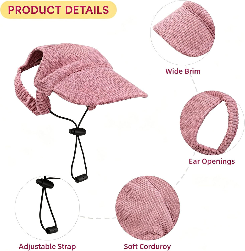 Dog wearing pink baseball cap with ear holes