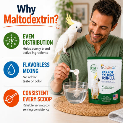 UnRuffledRx stress relief supplement for cockatiels and pet birds mixed into water