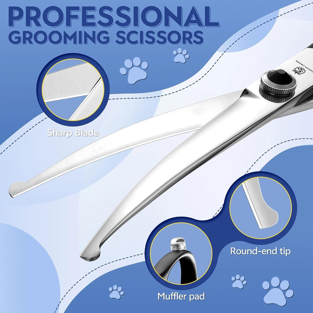 Ergonomic black handles and finger rests of the premium dog trimming scissors.