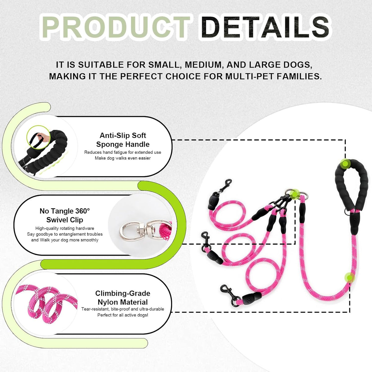 Soft sponge-padded handle detail on the LEOSASA pink climbing-grade nylon dog leash.