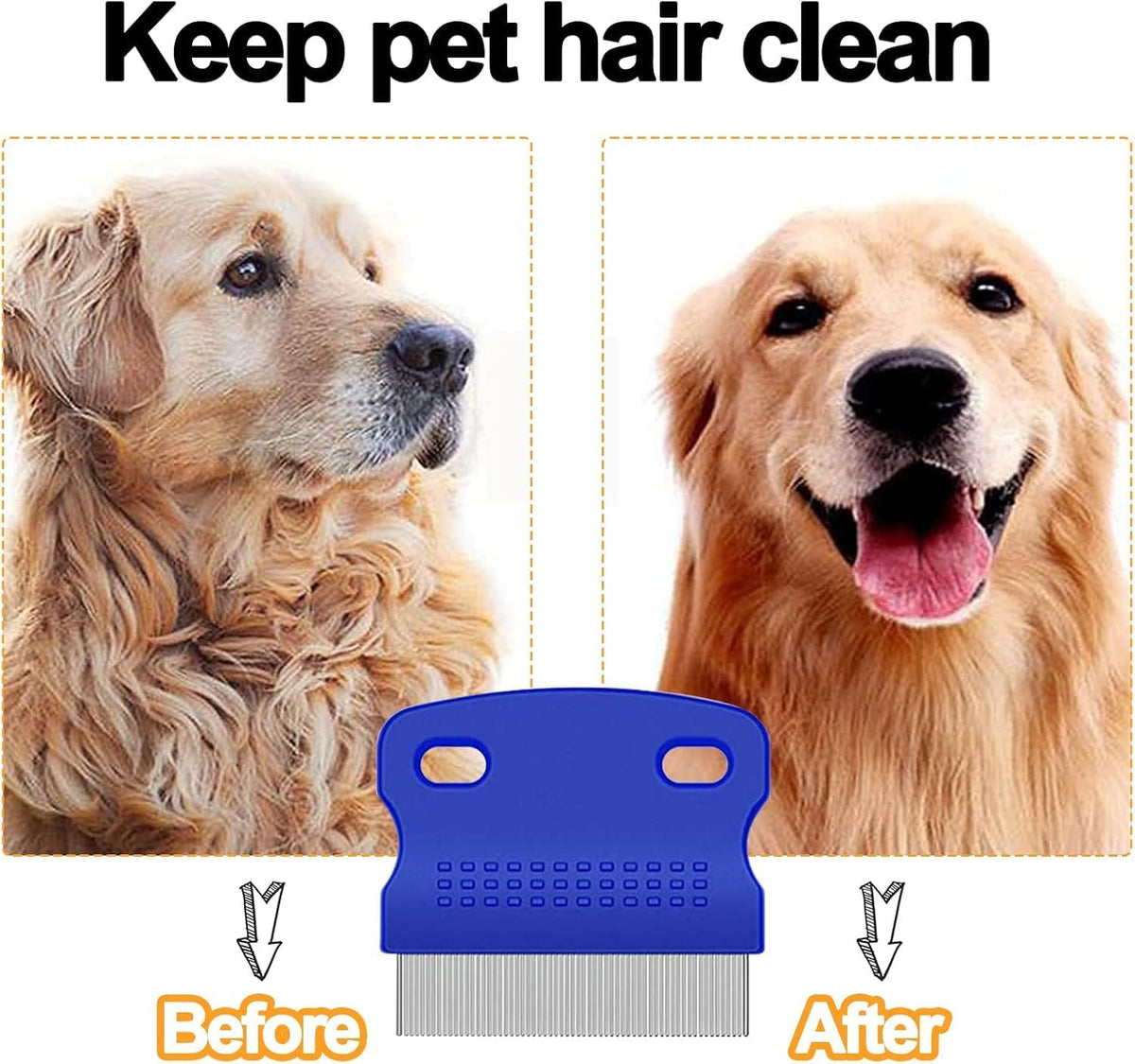 Fine tooth flea comb removing loose floating hair from fur