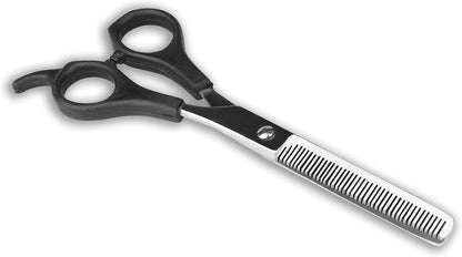 Hand holding Laazar pet grooming thinning scissors for demonstration