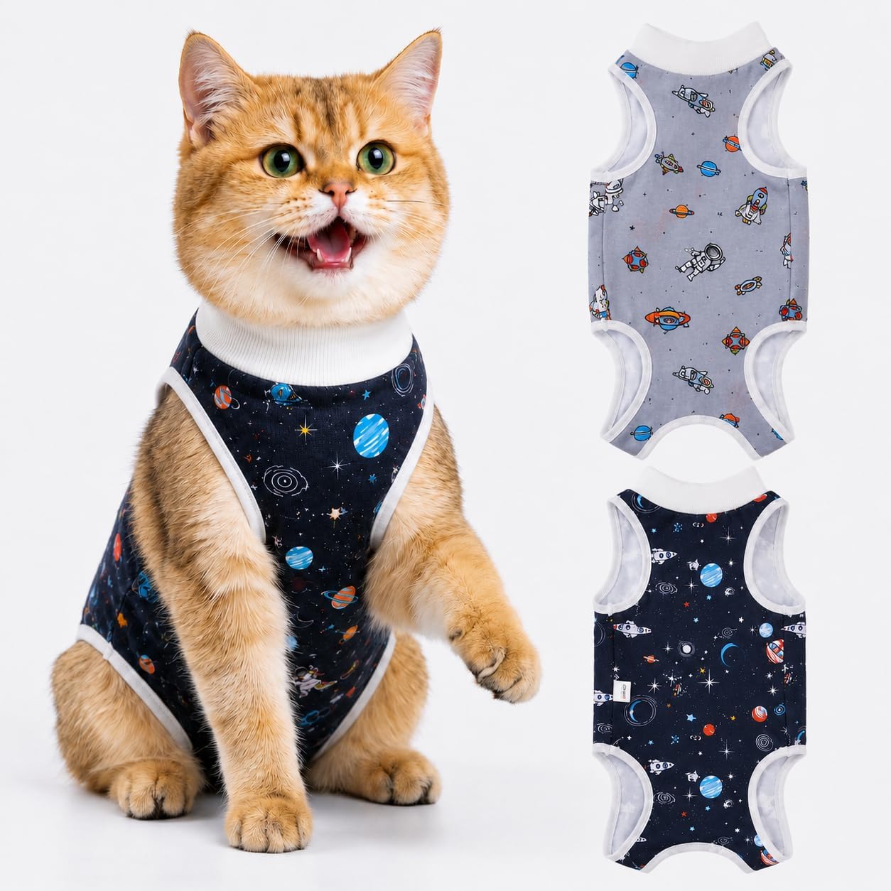 Avont 2-Pack Cat Recovery Suit front view in space print