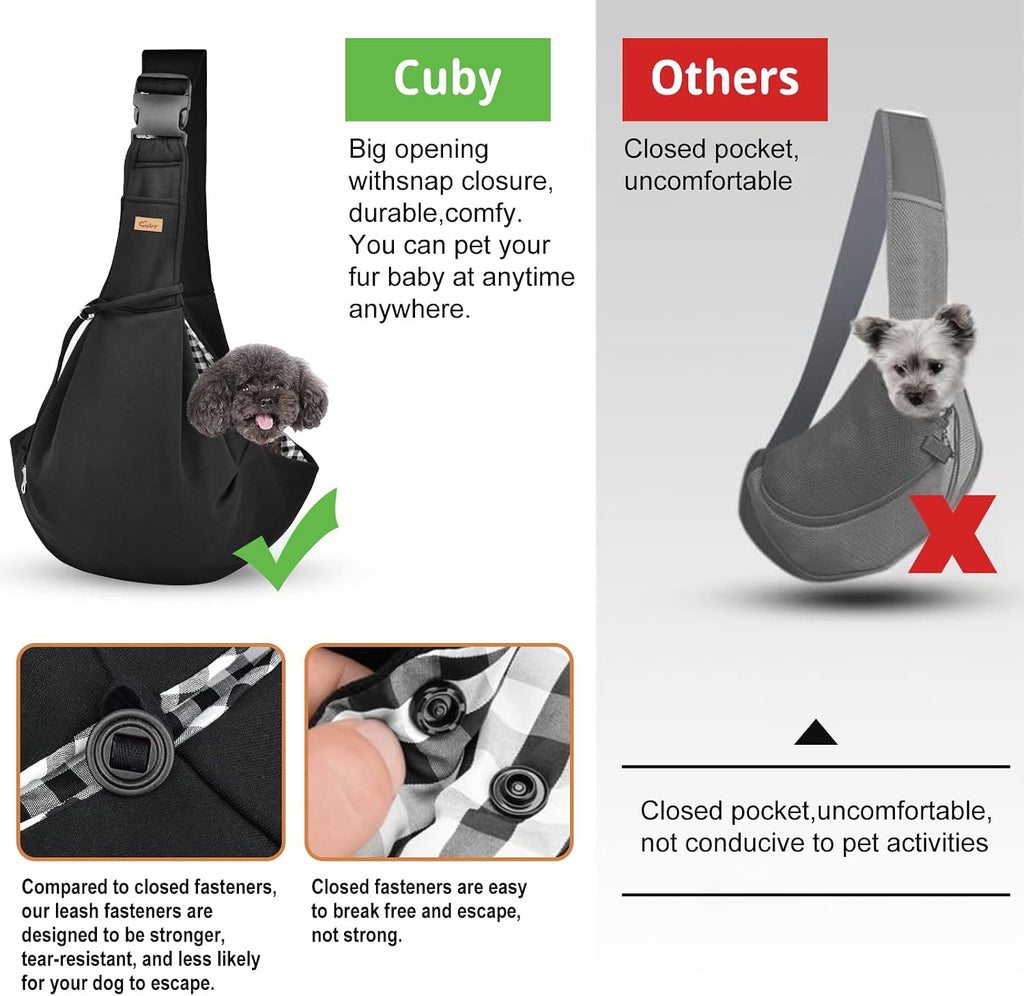 Pet owner using Cuby sling carrier for outdoor travel