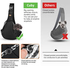 Pet owner using Cuby sling carrier for outdoor travel