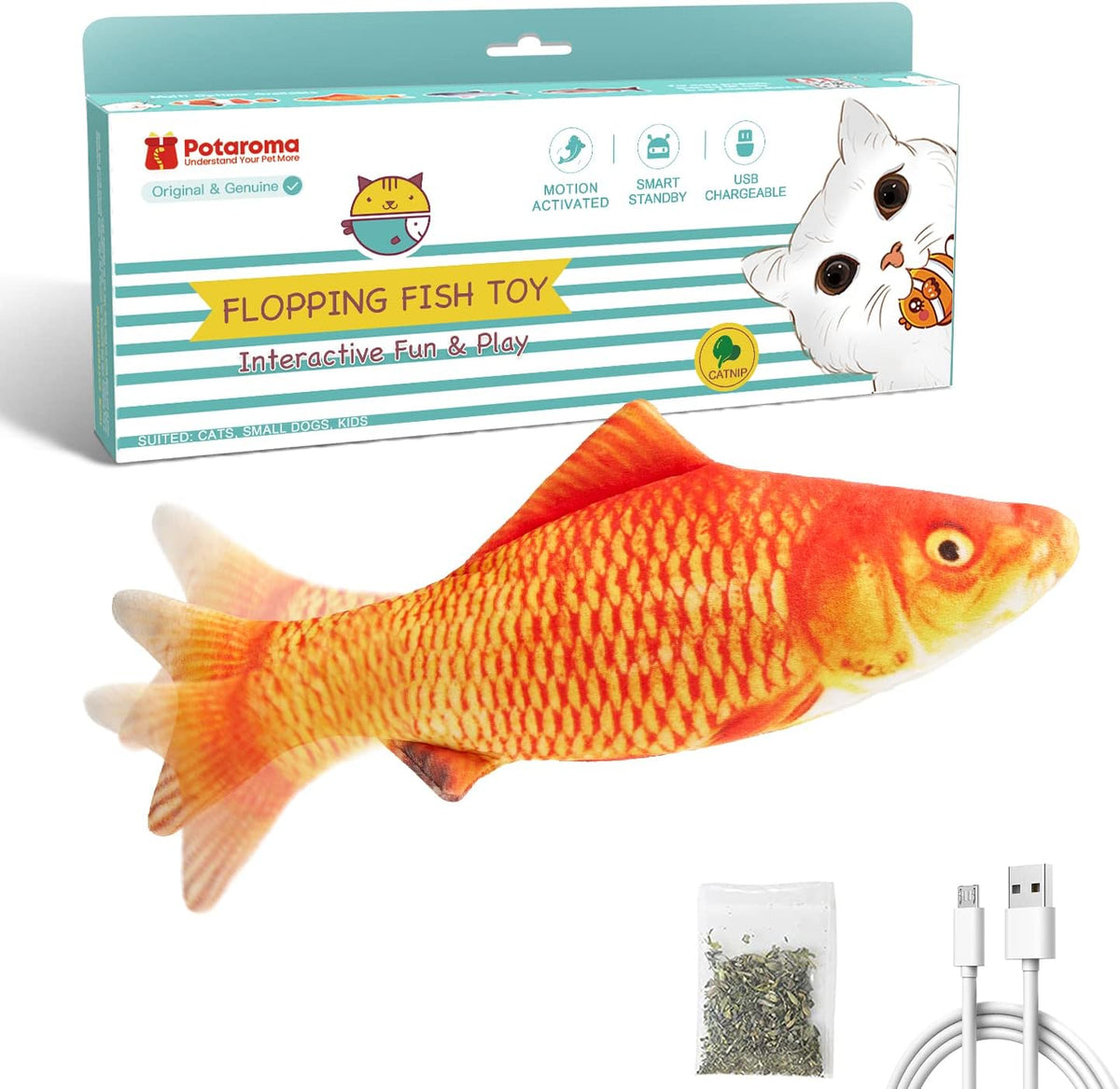 Cat pawing at the motion-activated flopping fish exercise toy