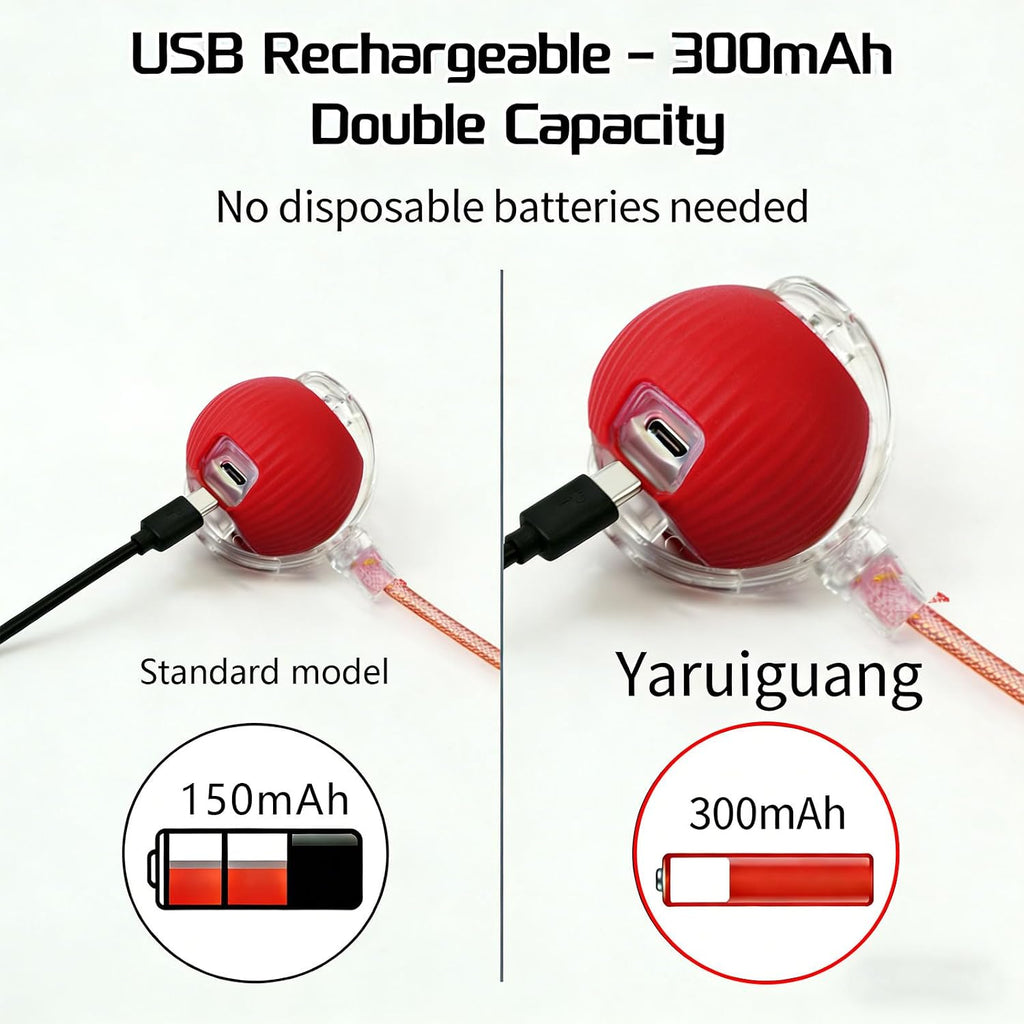 Self-moving cat toy ball showing charging port and power button