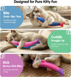 Durable fish kicker toy being used by a kitten for pouncing and biting practice.