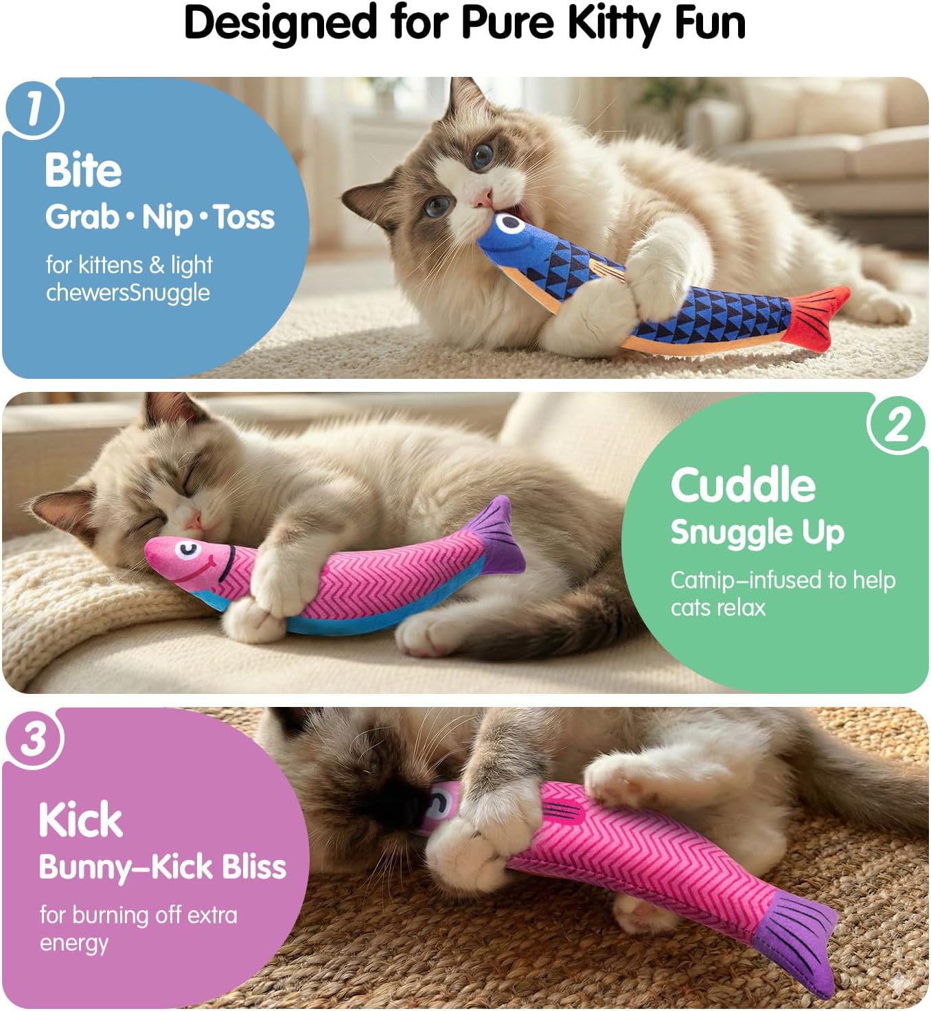 Durable fish kicker toy being used by a kitten for pouncing and biting practice.