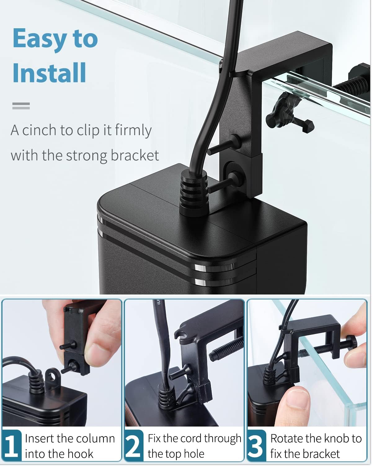 Air pump mounting bracket attached to small nano fish tank wall