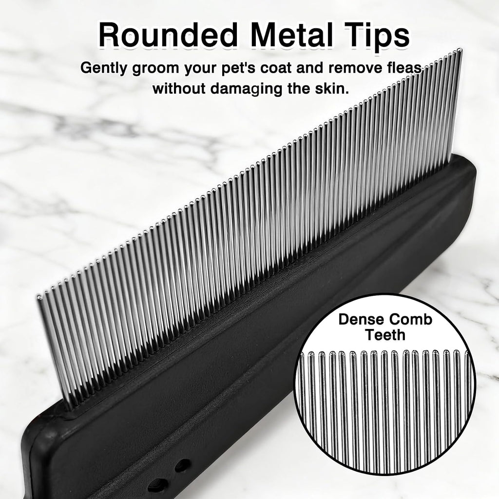 Close up of Attkryy fine tooth stainless steel pet comb