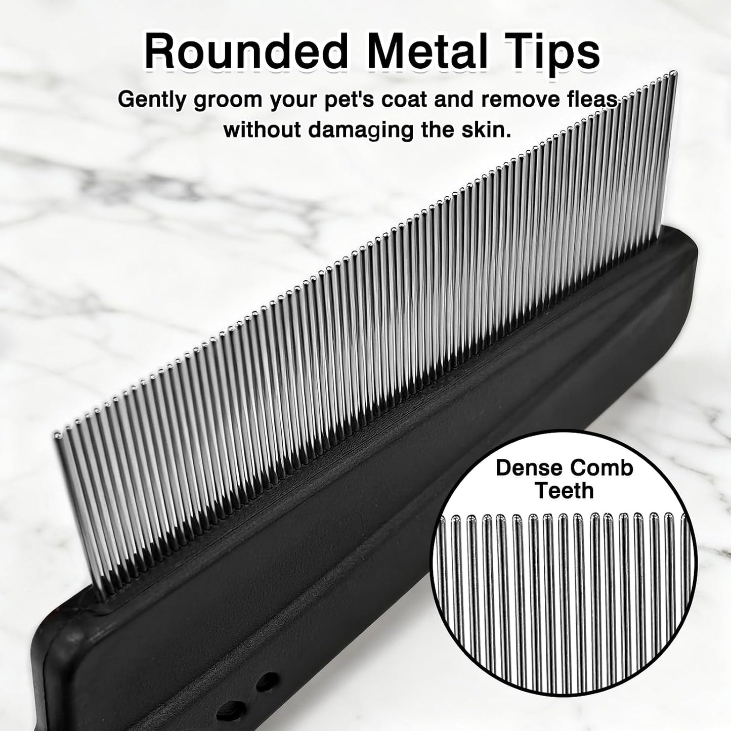 Close up of Attkryy fine tooth stainless steel pet comb
