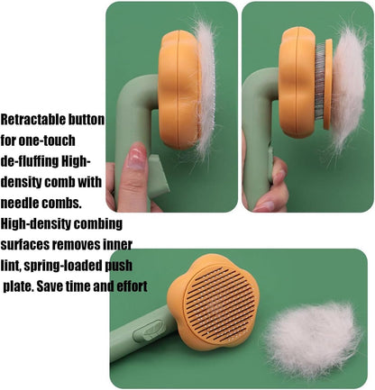 Mixen bunny shedding brush showing the one-touch self-cleaning button and stainless steel bristles.