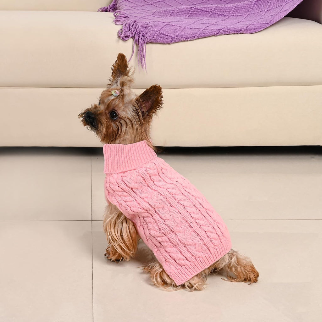 Lorehelina purple stretchable knit dog sweater laid flat showing stitching details