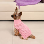 Lorehelina purple stretchable knit dog sweater laid flat showing stitching details