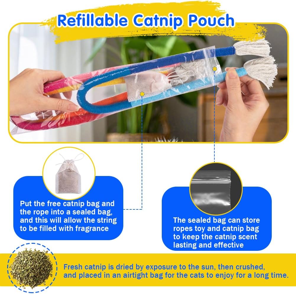 Three colorful Retro Shaw rope toys for indoor cats