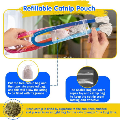 Three colorful Retro Shaw rope toys for indoor cats