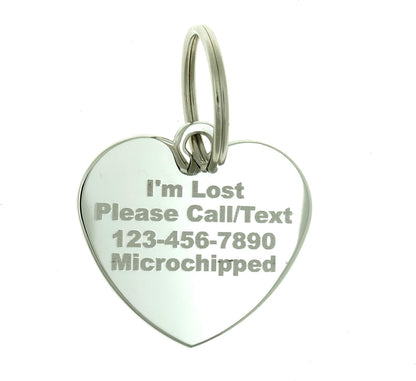 Personalized medium heart shaped dog and cat ID tag with cursive name engraving details.