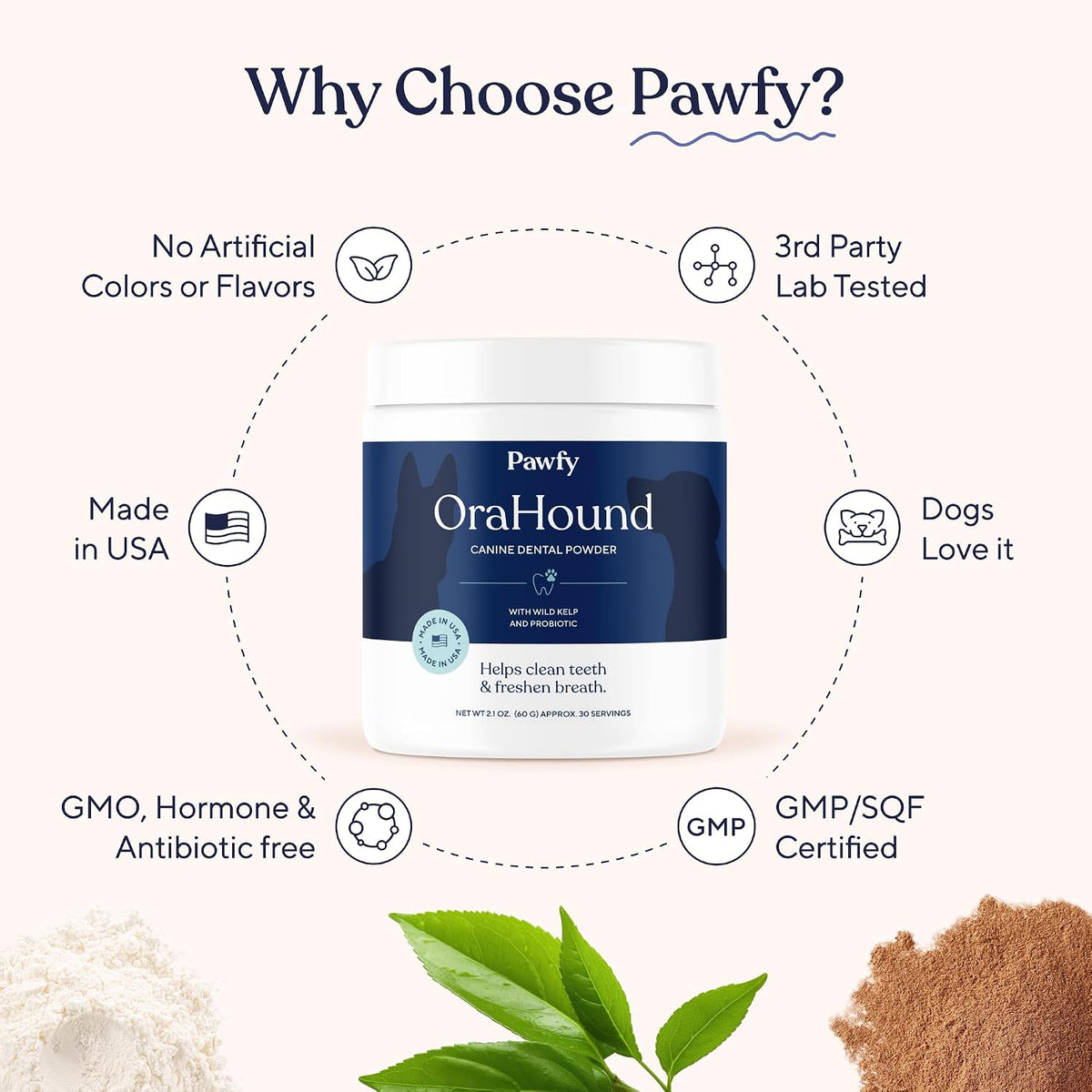 Natural kelp and charcoal powder formula for cleaning dog teeth without brushing.