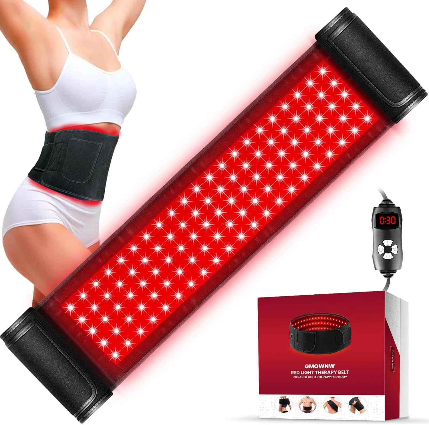 GMOWNW red light therapy belt front view showing the active red LED chips.