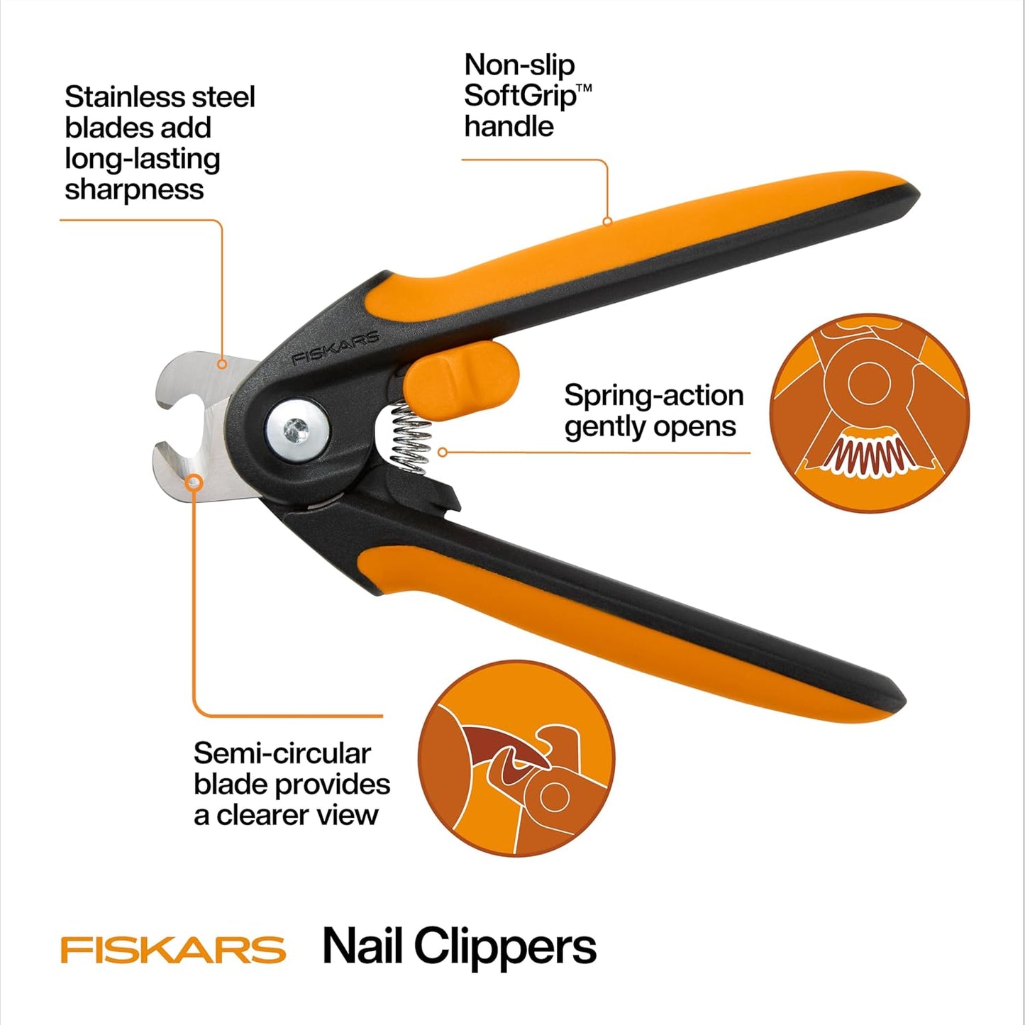 Close up of Fiskars pet nail clipper semi-circular stainless steel blade