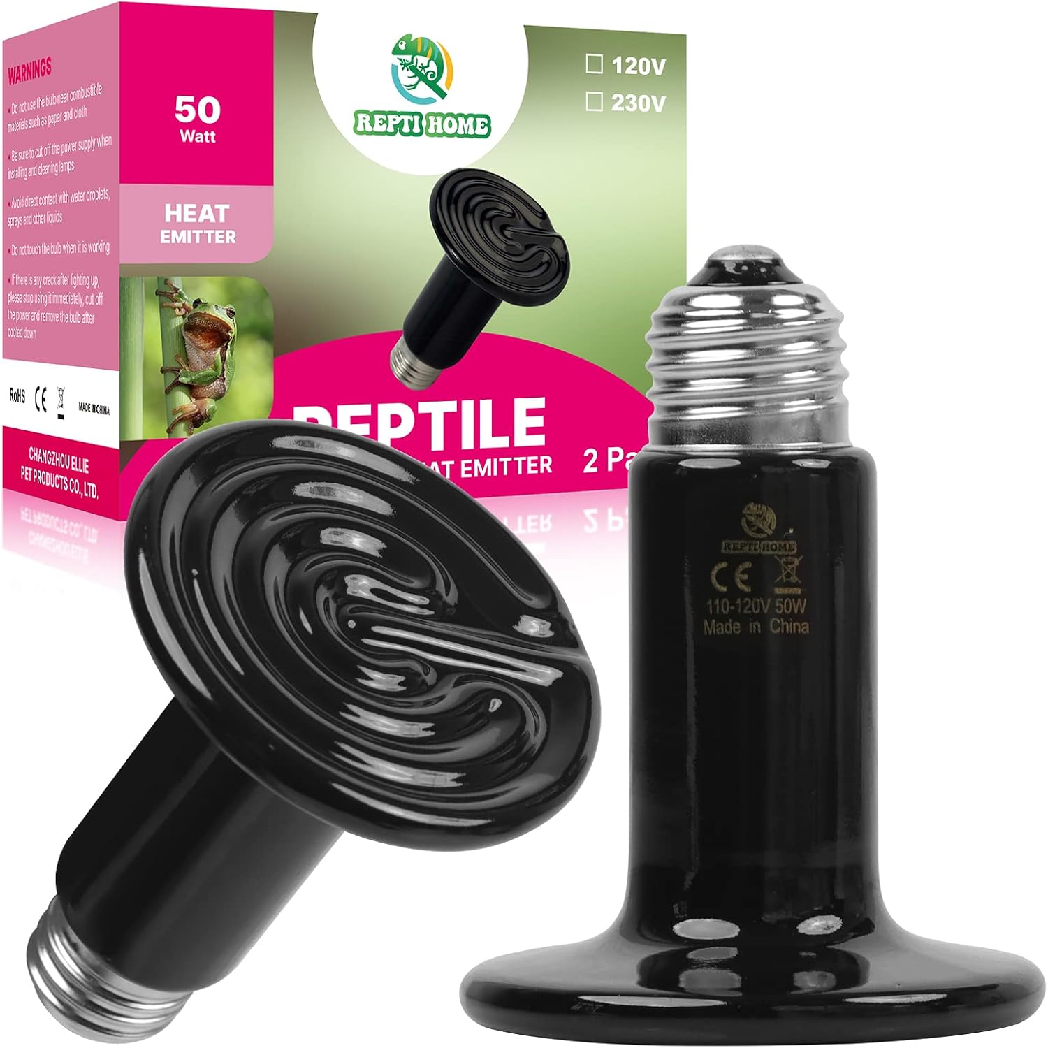 Two piece REPTI HOME infrared ceramic heater set showing the premium heat resistant outer shell
