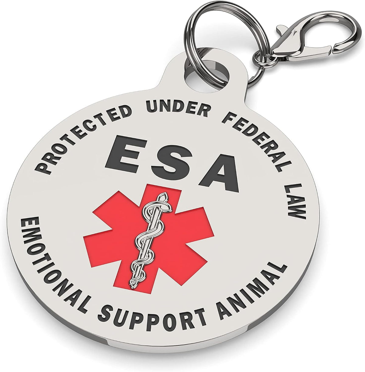 Stainless steel emotional support animal tag attached to a pet harness