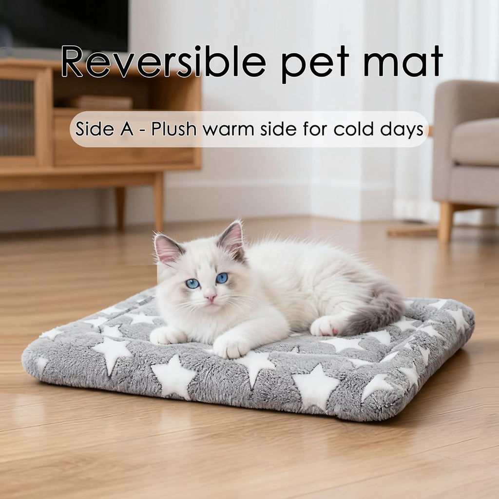 Reversible pet crate pad displaying the breathable canvas alternative side