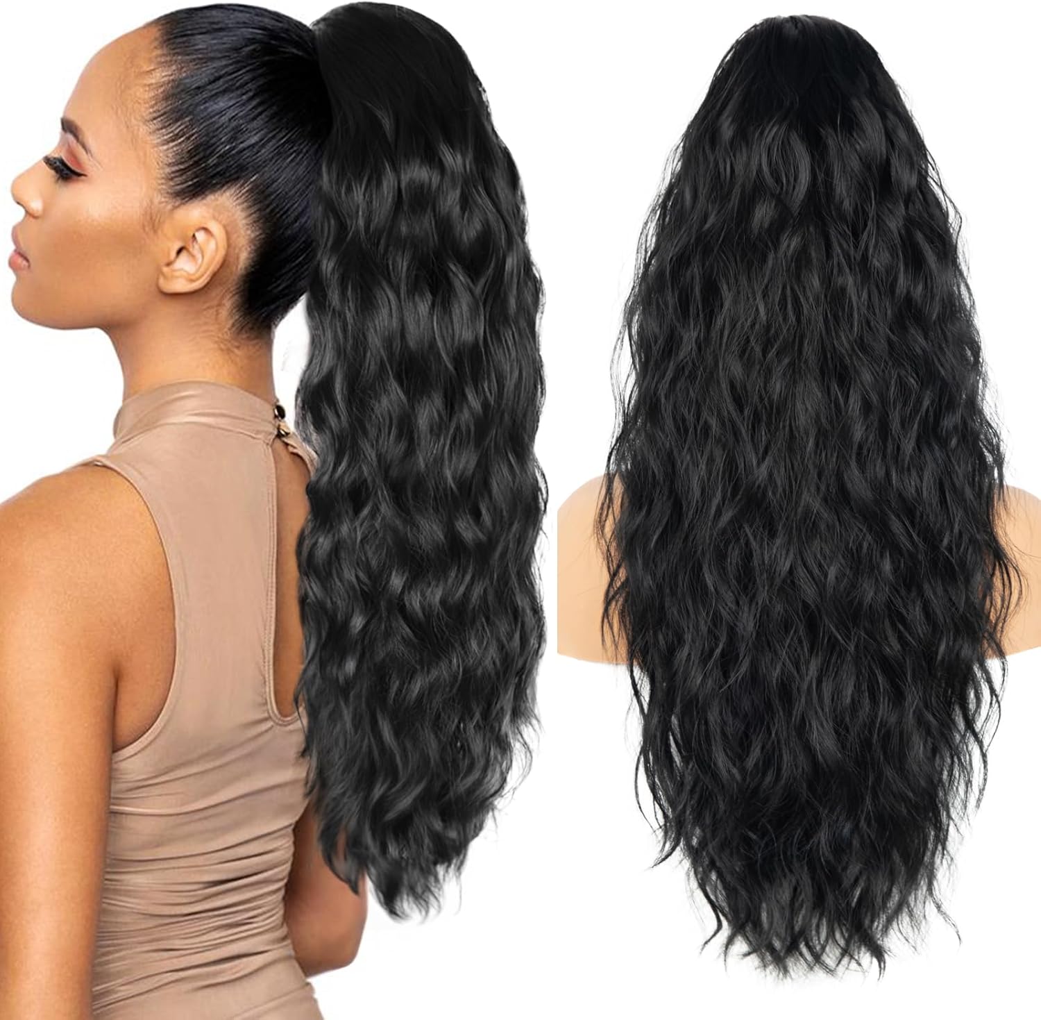 ZQIAN BEAUTY 26 inch black ponytail extension front view showing long wavy synthetic hair